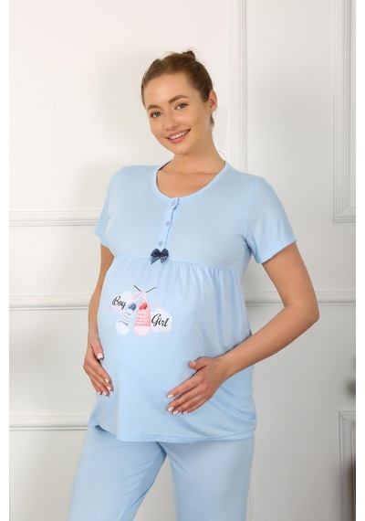 Akbeniz Kadın Kısa Kol Hamile Lohusa Pijama Takımı Mavi 45210-mavi