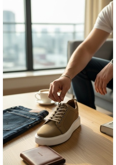 Enoch Hakiki Deri Lazer Kesim Detaylı Günlük Erkek Sneaker Comfort Taban Bej
