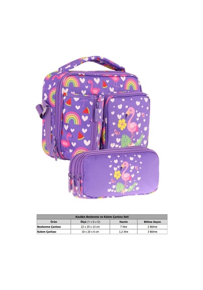 Kaukko Kids Kız Çocuk Pembe Mor Flamingo Üç Bölmeli Thermo Beslenme Çantası Ve Kalemlik Seti L7226+l8226 Mor - Yeşil