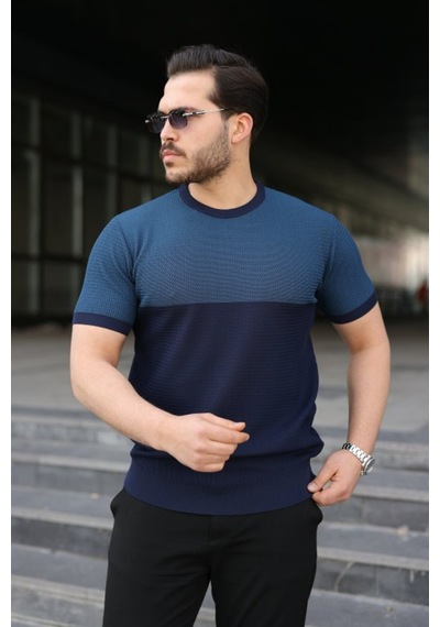 Butik İstanbul Erkek Renk Bloklu Bisiklet Yaka Kısa Kollu Triko Tişört Lacivert