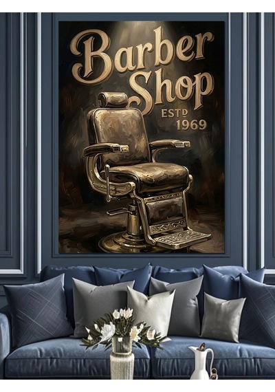 Barber Shop Retro Berber Koltuğu Dekoratif Kanvas - Mdf Ahşap Tablo