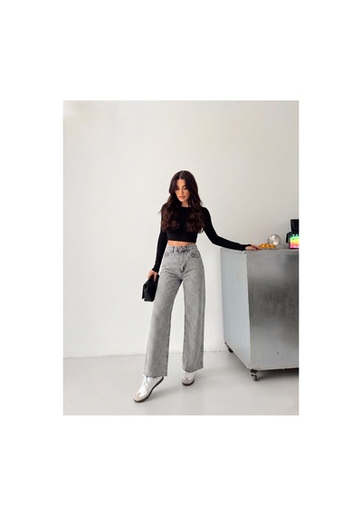 Kene Jeans Gri Kar Paça Kesik Ön Arka Taşlı Bol Paça Kot/denim Pantolon Gri Kar