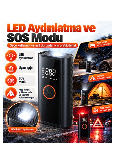 Akü Takviye Cihazı 12v Dijital Hava Kompresörü 16000 Mah Powerbank Otomatik Durdurma Led Sos Çok Amaçlı Şişirme Pompası