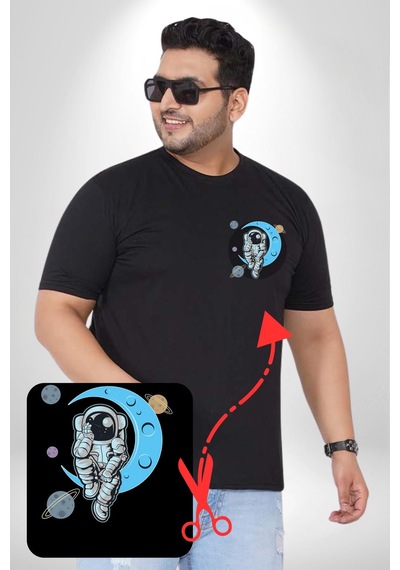 Angemiel Astronot Uzayda Sıkılmış Siyah Büyük Beden Kadın Basic Minimal Baskılı Tişört Siyah