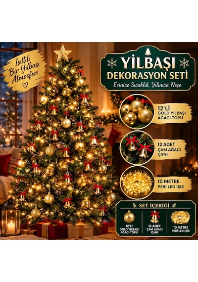 3'lü Yılbaşı Ağacı Süs Seti 12 Li Gold Çam Ağacı Topu 12 Adet Çam Ağacı Çanı 10 Metre Peri Led Işık Diğer
