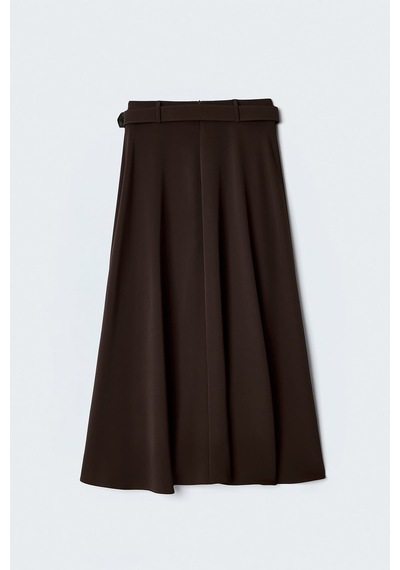 Sateen Kemerli Yırtmaç Detaylı Kloş Etek - Kahve-137414