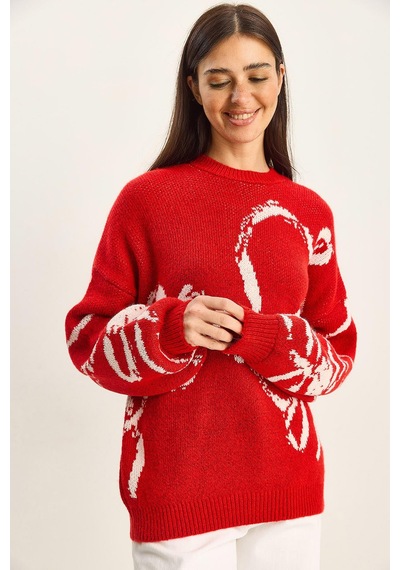 Shade Kadın Desenli Oversize Triko Kazak Tk251158 60283806 - Kırmızı-ekru Çok renkli