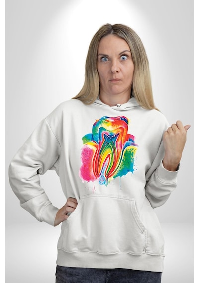 Diş Doktoru Diş Anatomisi Özel Tasarım Kadın Erkek Beyaz Kapüşonlu Sweatshirt Hoodie Beyaz