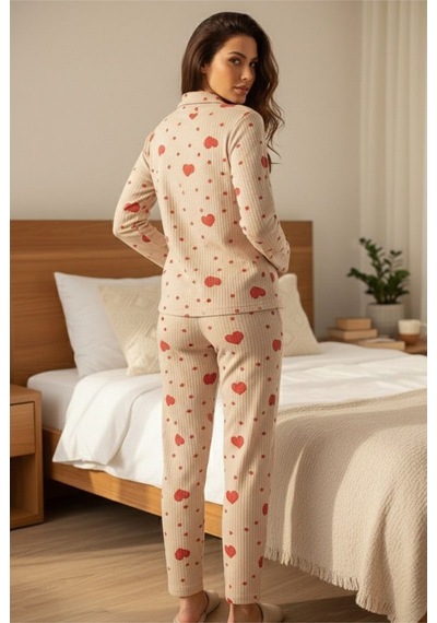 Siyah İnci Yumuşak Tuşe Kışlık Fitilli Düğmeli Pamuklu Örme Pijama Takım 7980 Vizon Kırmızı Kalp