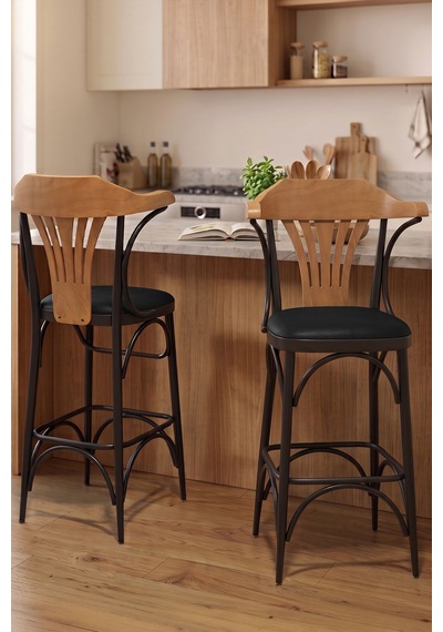 Wabex Serisi 1 Adet 66 Cm Suni Deri Kumaş Siyah Metal İskeletli Mutfak Bar Sandalyesi Siyah Sandalye Siyah Ayak