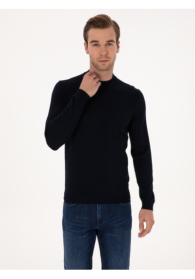 Cacharel Lacivert Slim Fit Yün Karışımlı Çeyrek Balıkçı Basic Triko Kazak