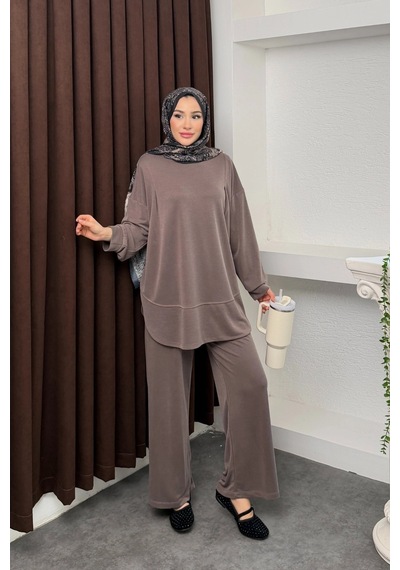 Mihran Butik Kalina Model İthal Pike Kumaş Cep Detaylı Kadın Takım Kahverengi