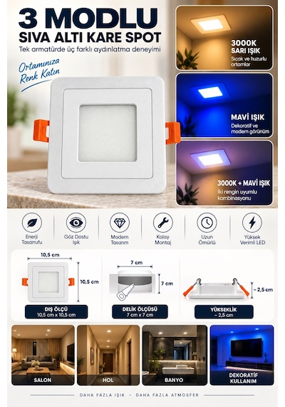 3w+3w 3 Modlu Sıva Altı Kare Led Spot 3000k Sarı Işık + Mavi Işık 10,5x10,5 Cm 7x7 Cm Delik Ölçüsü Beyaz