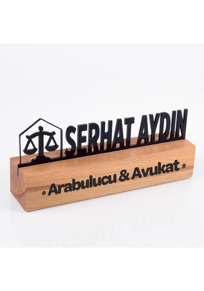 Avukatlara Özel Masif Kayın Ahşap Masaüstü İsimlik Standı Siyah Akrilik Masa İsimliği