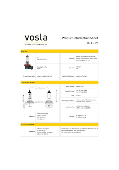 Vosla 12v H11 Ampul 55w Pgj19-2 Vs28078 2 Li