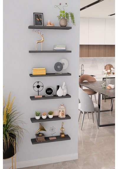 6'lı Duvar Rafı 50 Cm Kitaplık Salon Duvar Rafı Kitaplık Düzenleyici Raf Antrasit