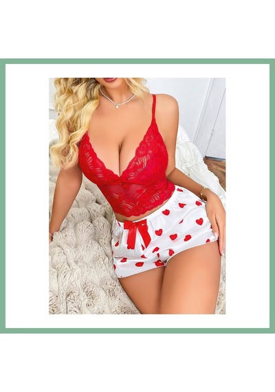 Bşkvirgo Kadın Kırmızı Kalp Desenli Şort Askılı Dantel Üst Pijama Takımı 2218 Beden: S/m Renk: Kırmızı Bsk2026