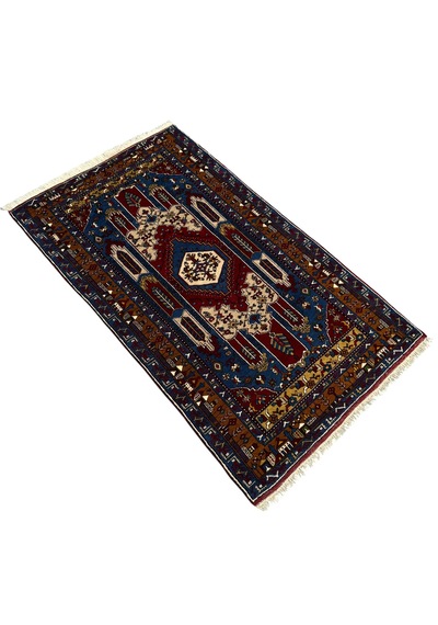 El Dokuması Yahyalı Halısı 110x190 Kırmızı Lacivert Kök Boyası Yün Halı