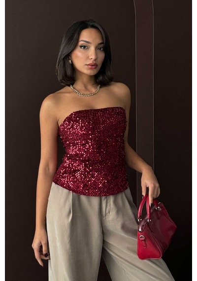 Verymoda Arkadan Fermuarlı Straplez Payet Bluz F2056 Bordo