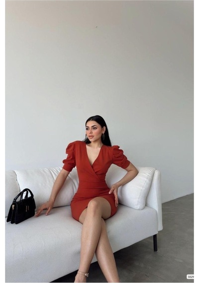 DefyModa Kadın Krep Kumaş Kruvaze Yaka Kısa Kollu Abiye Elbise Kiremit