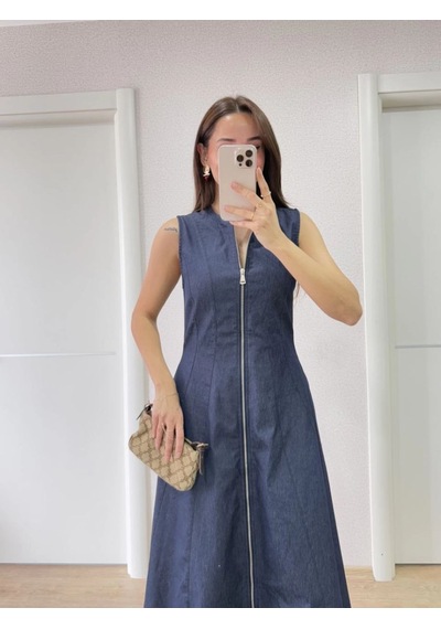 Mbb E-ticaret Kadın Jeans Kot Önü Tam Fermuarlı Uzun Elbise - Mavi
