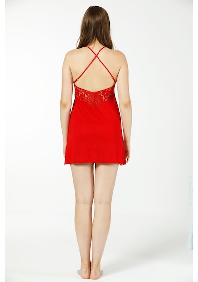 Farya Home Lingerie Özel Kutulu Dantelli Kuşaklı Sabahlıklı Sırt Detaylı Gecelik Takımı Kırmızı Dantelli Kırmızı