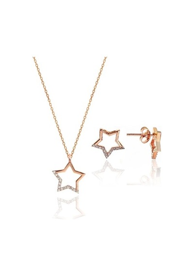 Gümüş Rose Zirkon Taşlı Yıldız Kolye Ve Küpe Gümüş Ikili Set