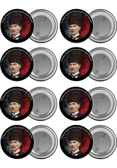 19 Mayıs Atatürk Çanta Rozeti Seti 8 Adet En Büyük Boy 5.8Cm Iğne