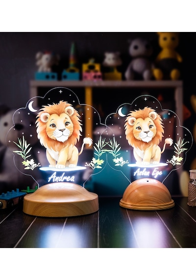 Sevimli Aslan Tasarımlı İsimli Çocuk Odası Gece Lambası, Aslan Bebek Doğum Günü Hediyesi Led Lamba