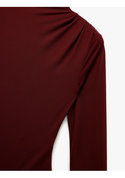 Koton Slim Fit Hafif Dik Yaka Drape Detaylı Uzun Kollu Bodysuit Bordo 6wak80083ek Bordo