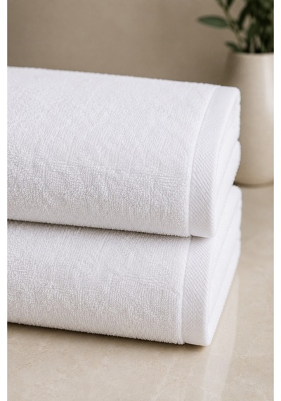 2'li Banyo Havlusu 530gr 70x140 Cm %100 Pamuk Yumuşak Yüksek Su Emici Beyaz Havlu Seti