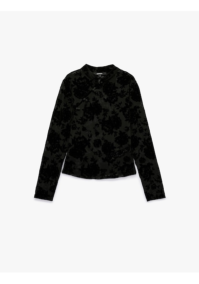 Koton Uzun Kollu Floral Dokulu Dik Qipao Yaka Tül Tişört Siyah Desenli 7wak10023uk
