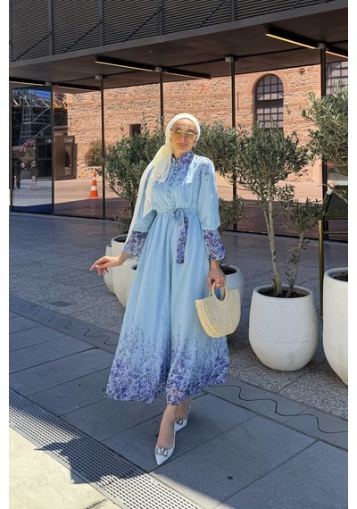 Riella Butik Çiçek Desenli Tesettür Elbise Mavi