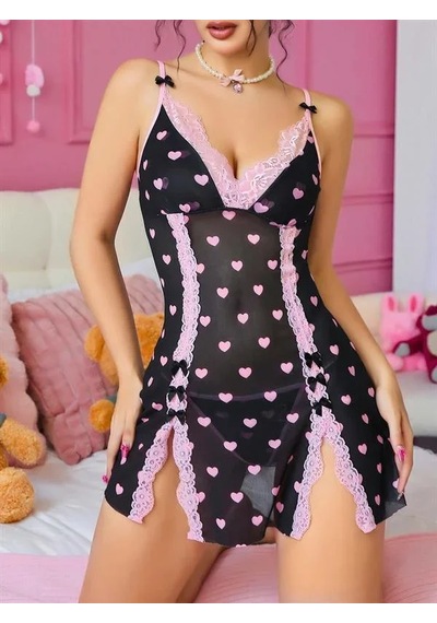Ang Butik Kadın Siyah Desenli Dantel İşlemeli Gecelik