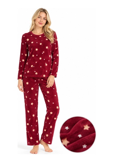 Sleeeproom Kadın Süet Mevsimlik Yıldız Desen Bordo Pijama Takımı