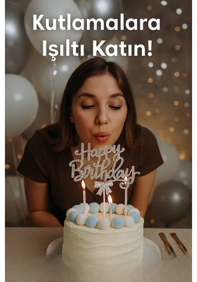 Gümüş Taşlı Happy Birthday Pasta Süsü Parlak Metal Yazı, Işıltılı Doğum Günü Dekoru