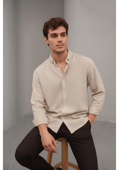 Bürke Yazlık Keten Dokulu Uzun Kollu Krem/Bej Yarım Oversize Erkek Gömlek