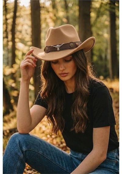 Giyu Shop Kadın İçten Ayarlanabilir Metal Toka Desenli Kovboy Şapkası Fötr Şapka Camel