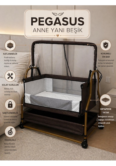 Kujju Pegasus Anne Yanı Katlanır Bebek Beşiği 50x90 Cm - Kahverengi
