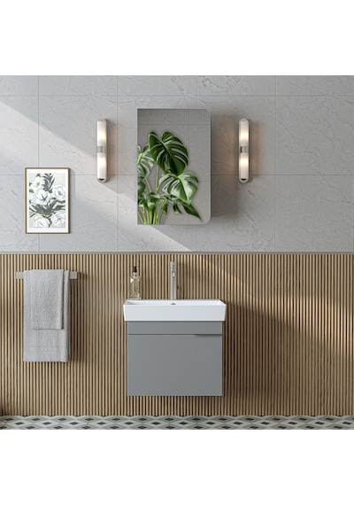 Likya Lavabolu Banyo Dolabı Takımı, Mdflam Tek Kapaklı Lavabolu 59 Cm Banyo Alt Dolabı + Üst Dolabı Kül Gri