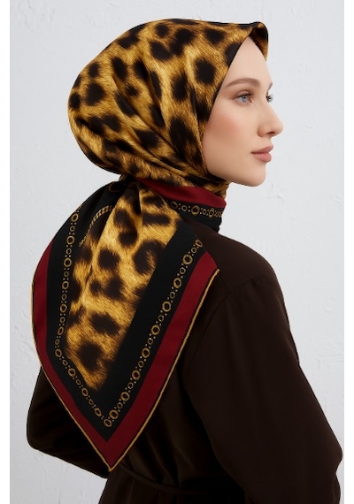 Vissona Twill İpek Eşarp 17565 - 8 - 0018 - 0001 Siyah Bordo Leopar Desen Siyah