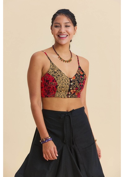 İnce Askılı Düğme Detaylı Crop Bluz Desenli