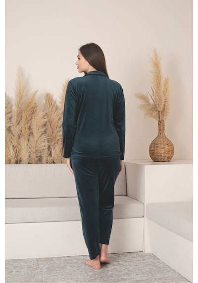 Kırmızı Renk Boydan Düğmeli Kadın Kadife Pijama Takımı Yeşil