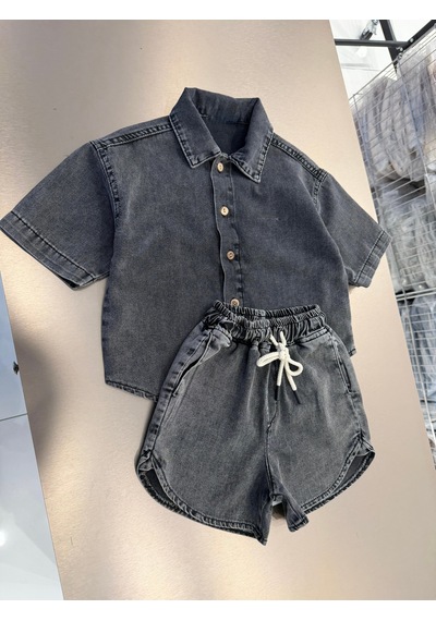 Magu Çocuk Pamuklu Füme Yıkamalı Denim Oversize Gömlek Şort Takım Antrasit