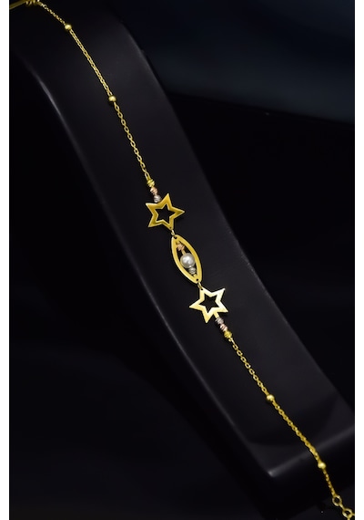 Papatya Silver 925 Ayar Gümüş Gold Kaplama Yıldız Ve Oval  Incili, Dorikalı Bileklik