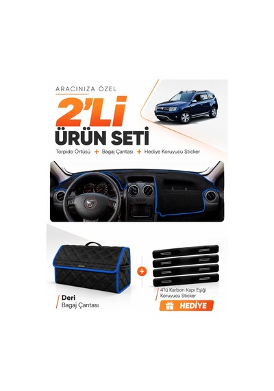 E-biz Dacia Duster 1.nesil Makyajlı 2013-2017 Uyumlu Torpido + Deri Çanta - Siyah-mavi - Da009
