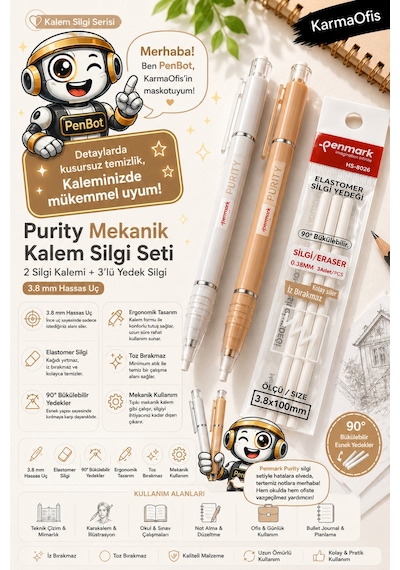 Beyaz Ve Turuncu Purity Mekanik Kalem Silgi Seti 3.8 Mm 2 Adet Silgi Kalemi + 3 Lü Silgi Yedeği
