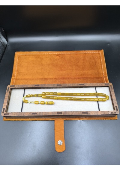 Usta İmzalı Osmanlı Benzetme Sıkma Kehribar Tesbih Muhammed Dabbas, Hardal Sarısı, 9x7 Mm Gümüş