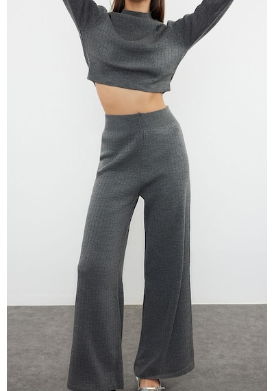 Ersefa Tarz Kadın Modern Moda Normal Bel Boru Paça Dik Yaka Crop Parmak Antrasit