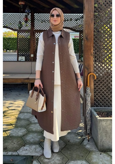 Rabia Şamlı Safir Kapitone Yelek Kahve Çok Renkli